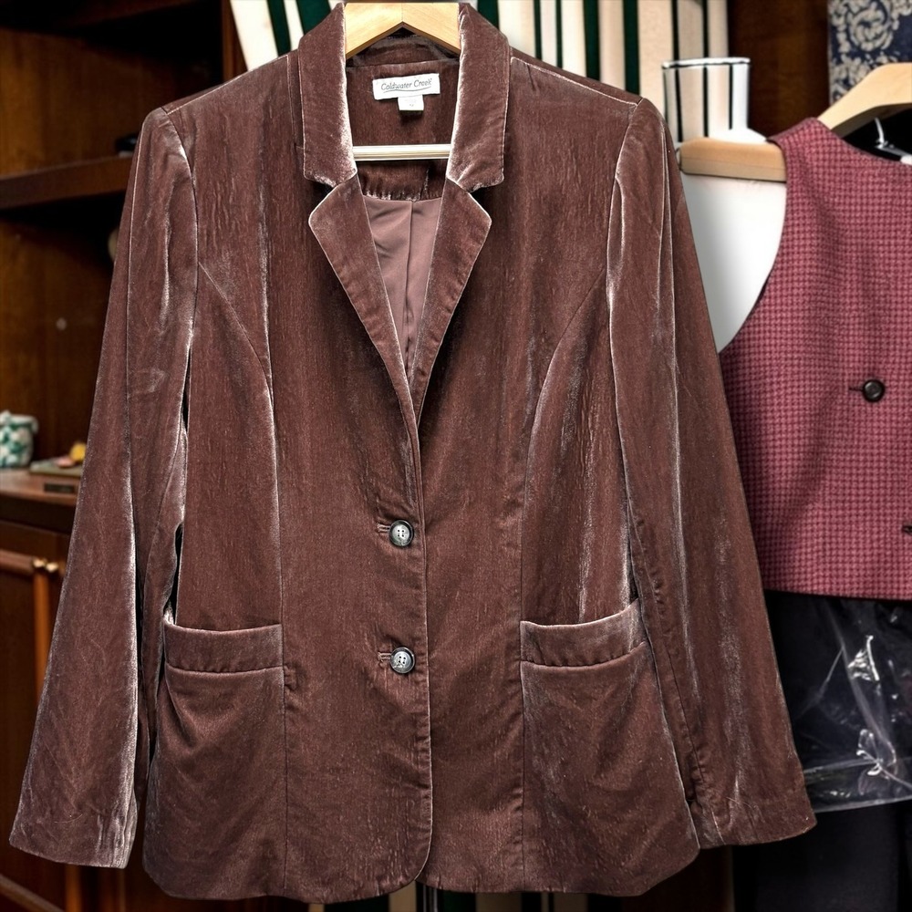 Coldwater Creek Brown Velvet Blazer Womens Size 12 Button Front Lined Jacket